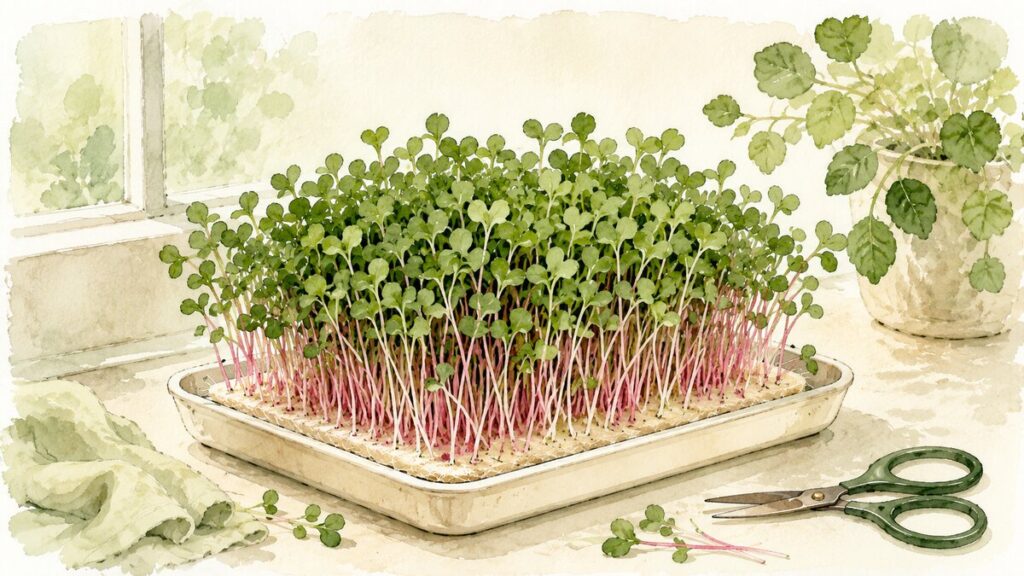 A tray of pink stemmed radish microgreens growing on a mat by a window