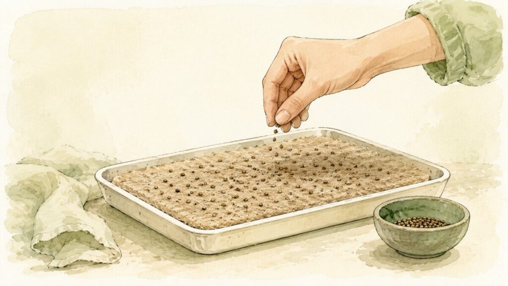 A hand scattering seeds evenly across a damp growing mat in a tray