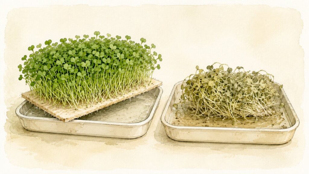 Two trays compared, one healthy on a damp mat and one sitting in standing water