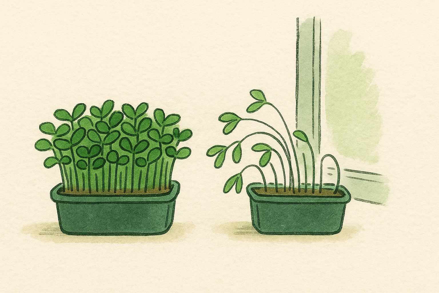 a healthy microgreen tray next to a pale leggy one