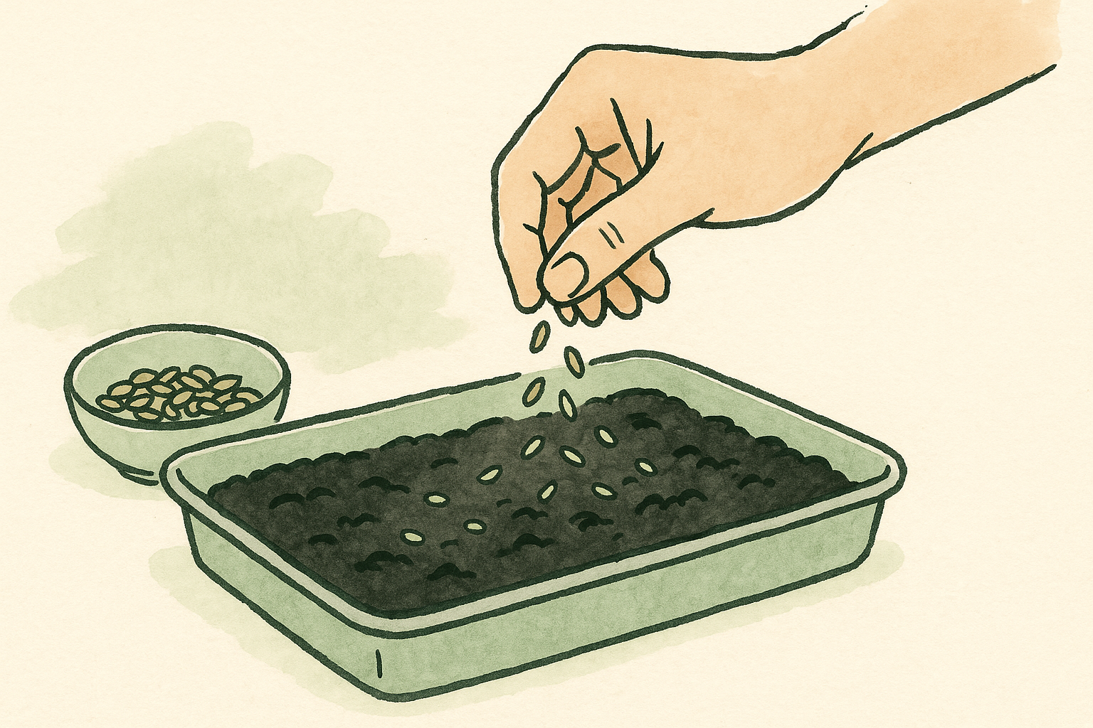 a hand scattering seeds over a tray of soil
