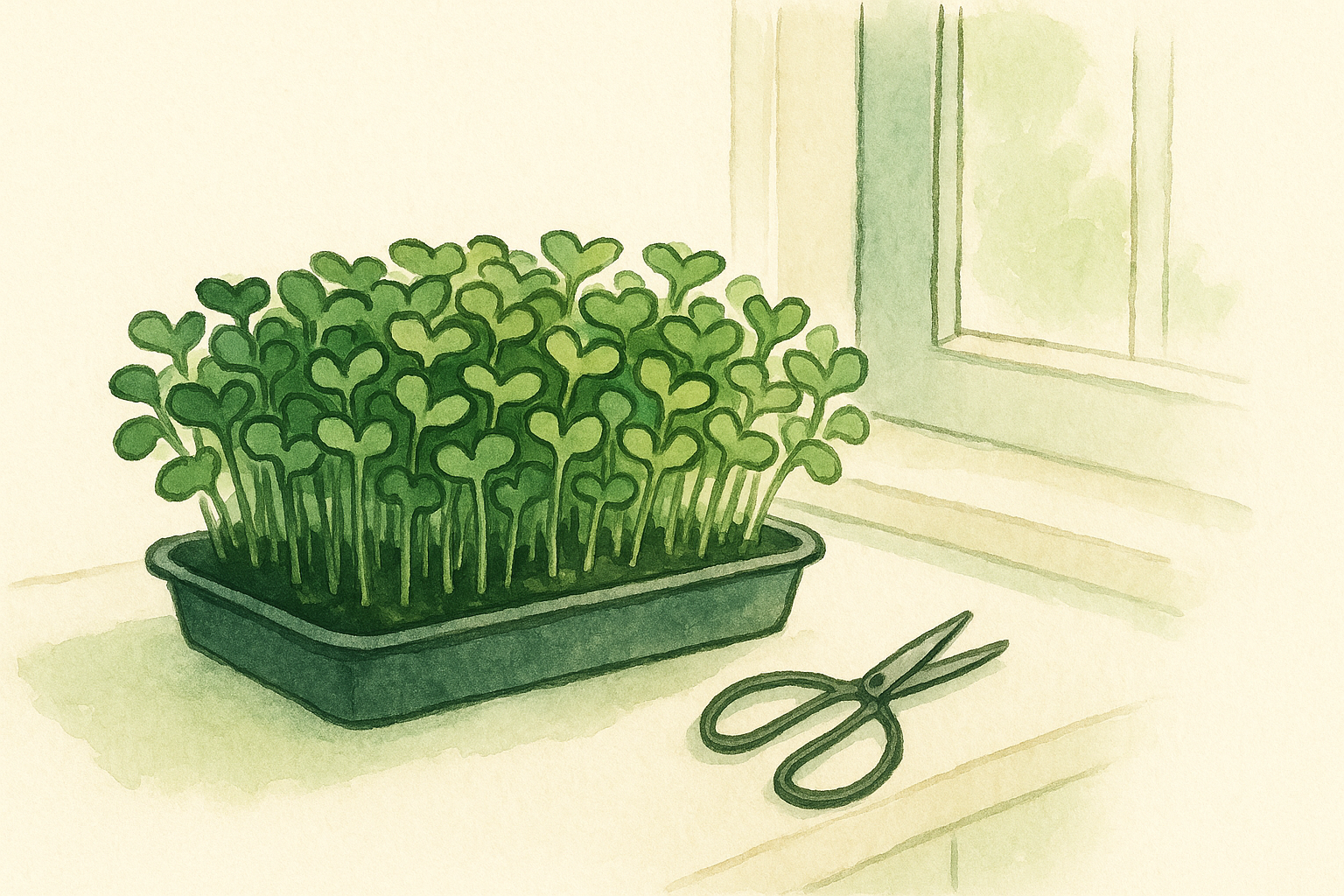 a full tray of radish microgreens on a sunny counter