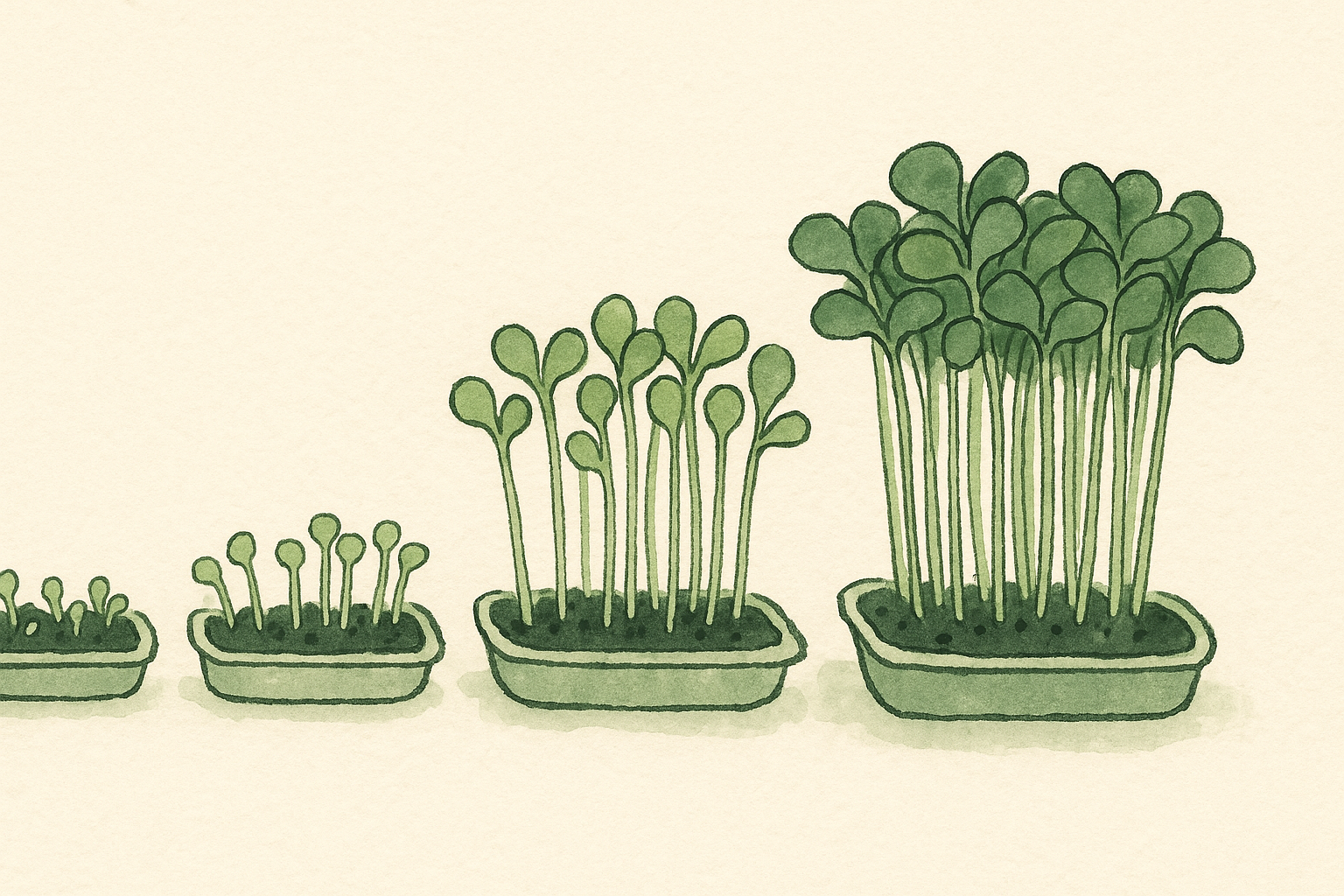 a row of microgreen trays at different stages of growth