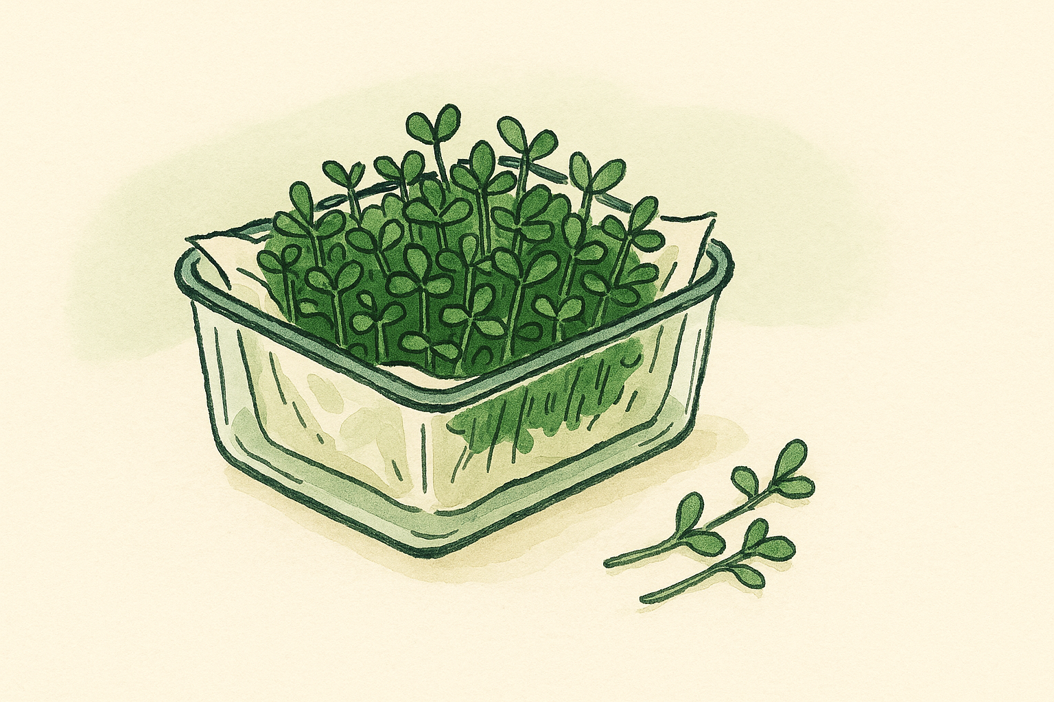 A glass container lined with a paper towel filled with microgreens