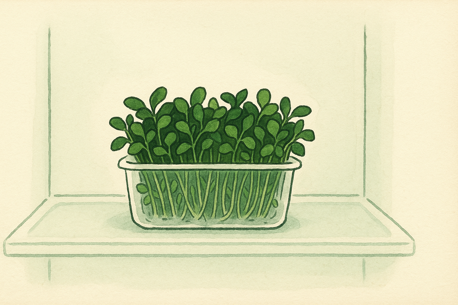 A container of microgreens on a cold refrigerator shelf
