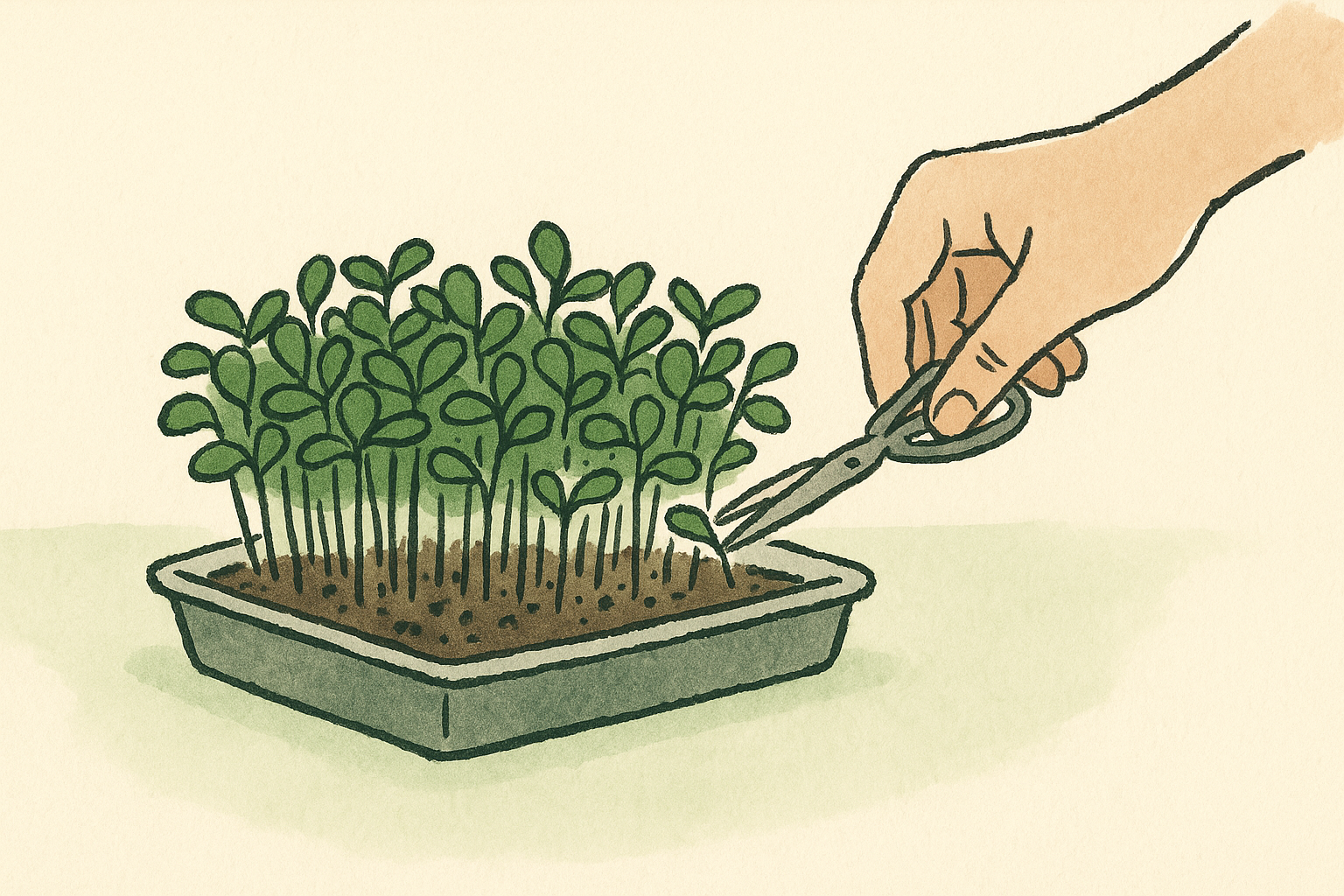 A hand snipping microgreens above the soil line with scissors