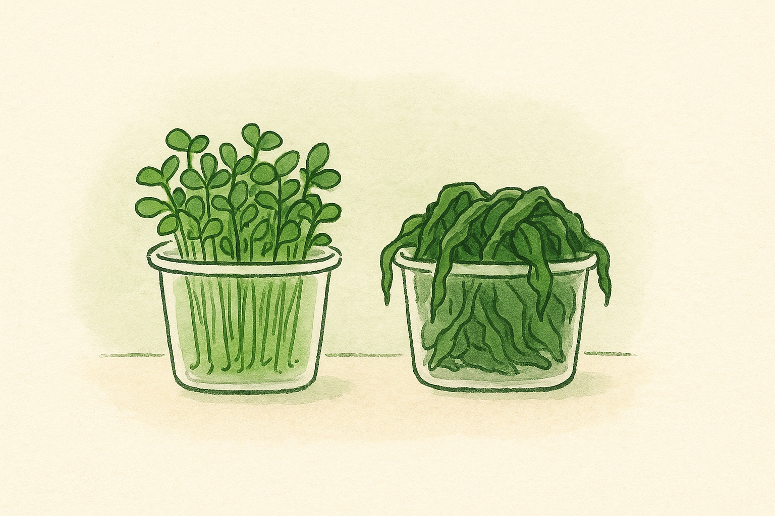 Two containers of microgreens, one fresh and one wilted, side by side