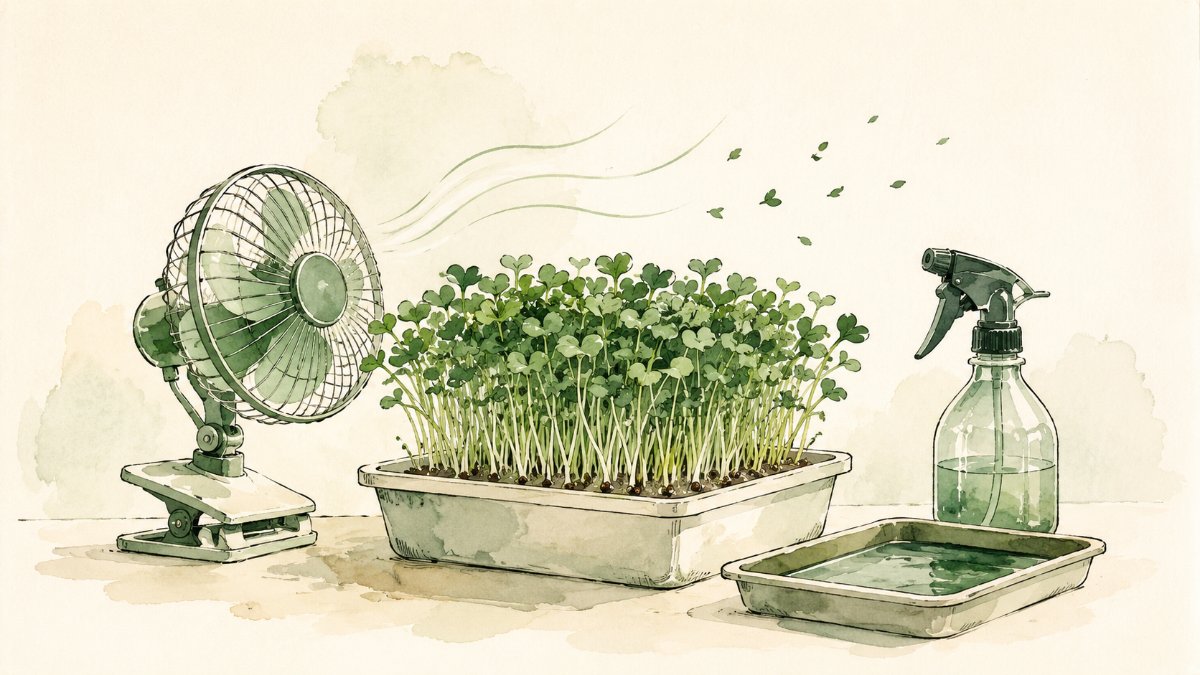 A small fan and spray bottle beside a healthy tray of microgreens for airflow
