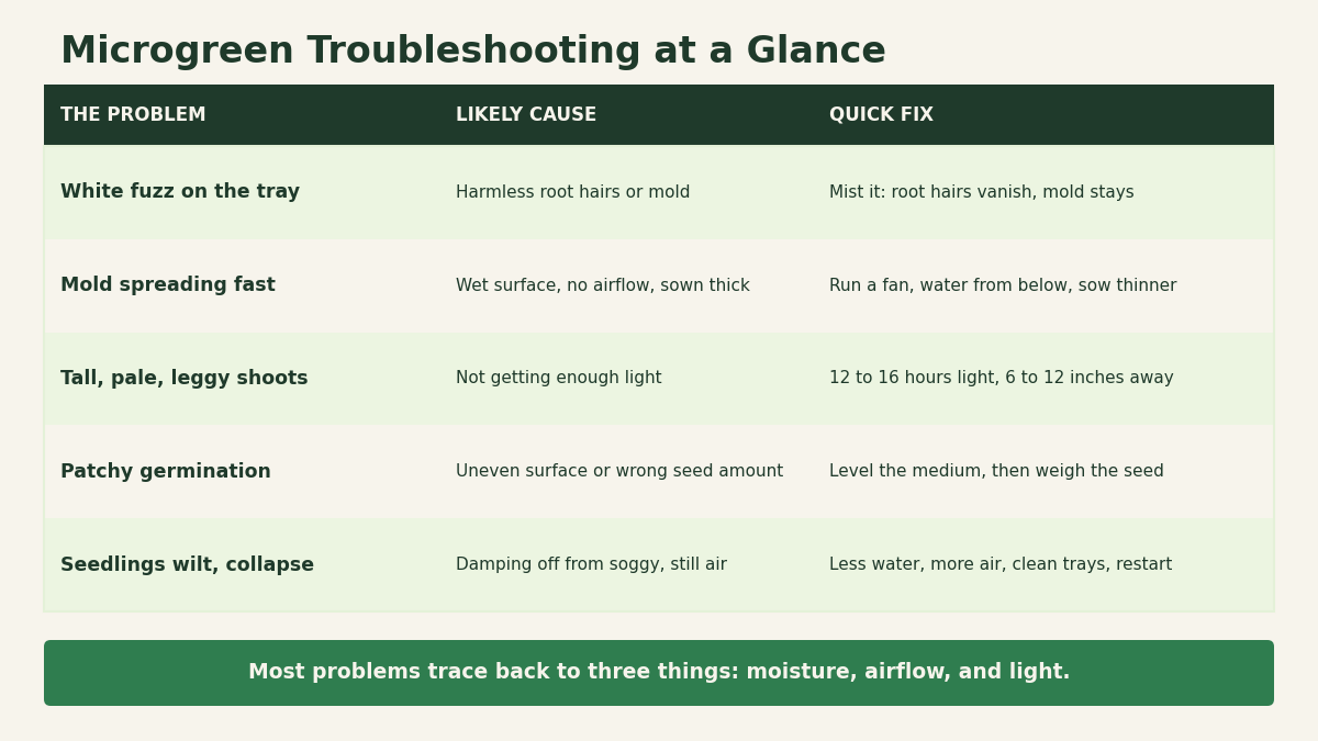 Microgreen troubleshooting chart mapping common problems to their causes and quick fixes