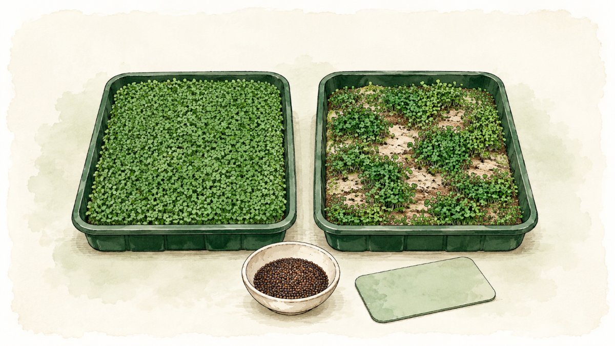 Two microgreen trays compared, one evenly grown and one patchy with bare gaps