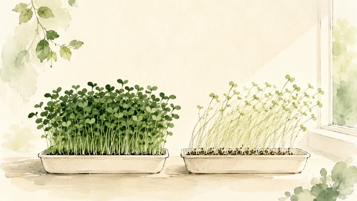 Two microgreen trays compared, one lush and upright and one pale and leggy