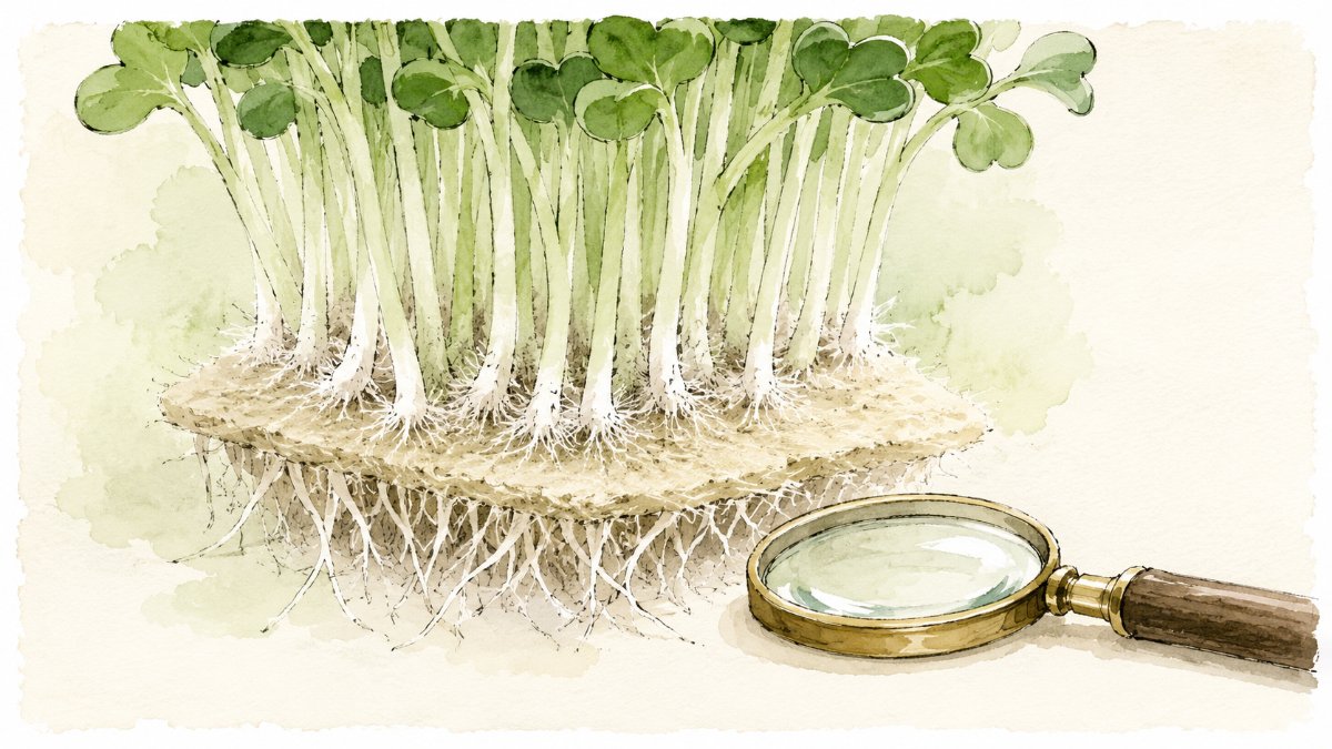 Close look at fine white root hairs around the base of microgreen stems