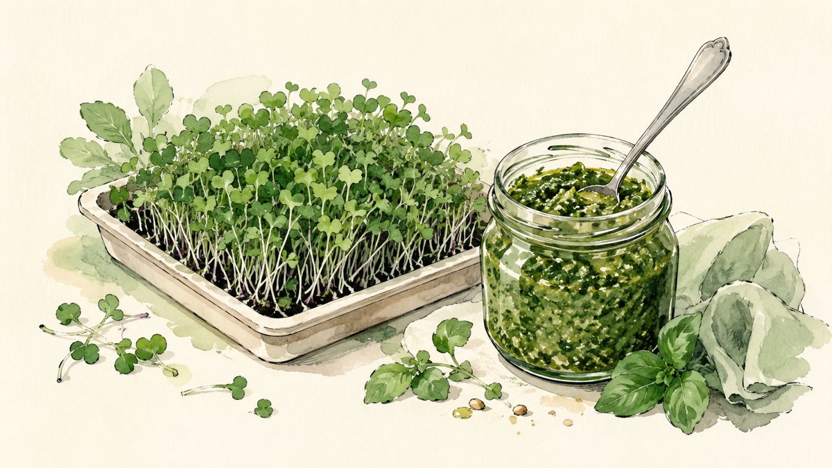 A tray of fresh green microgreens beside a jar of bright green pesto with a spoon