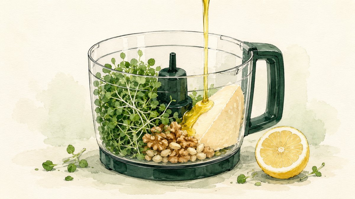 A food processor bowl of microgreens, walnuts, and cheese with olive oil pouring in and a lemon beside it
