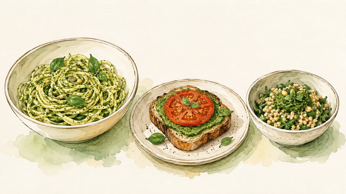 Three dishes: pasta with green pesto, toast with pesto and tomato, and a grain bowl with pesto
