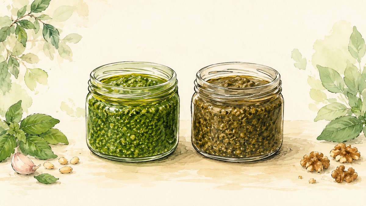 Two jars of pesto side by side, one bright fresh green and one dull and browned