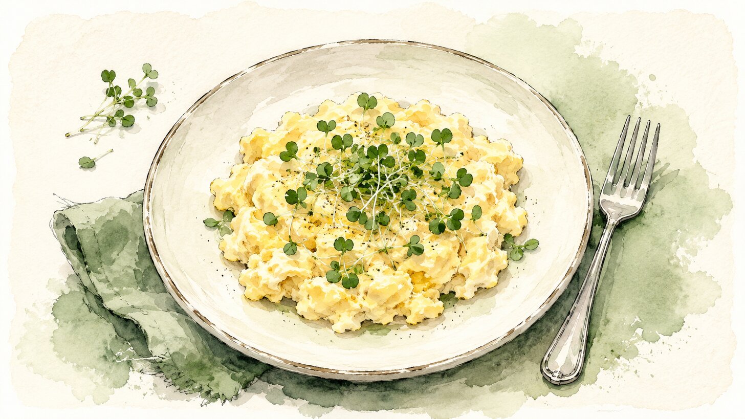 Watercolor plate of soft scrambled eggs scattered with fresh microgreens