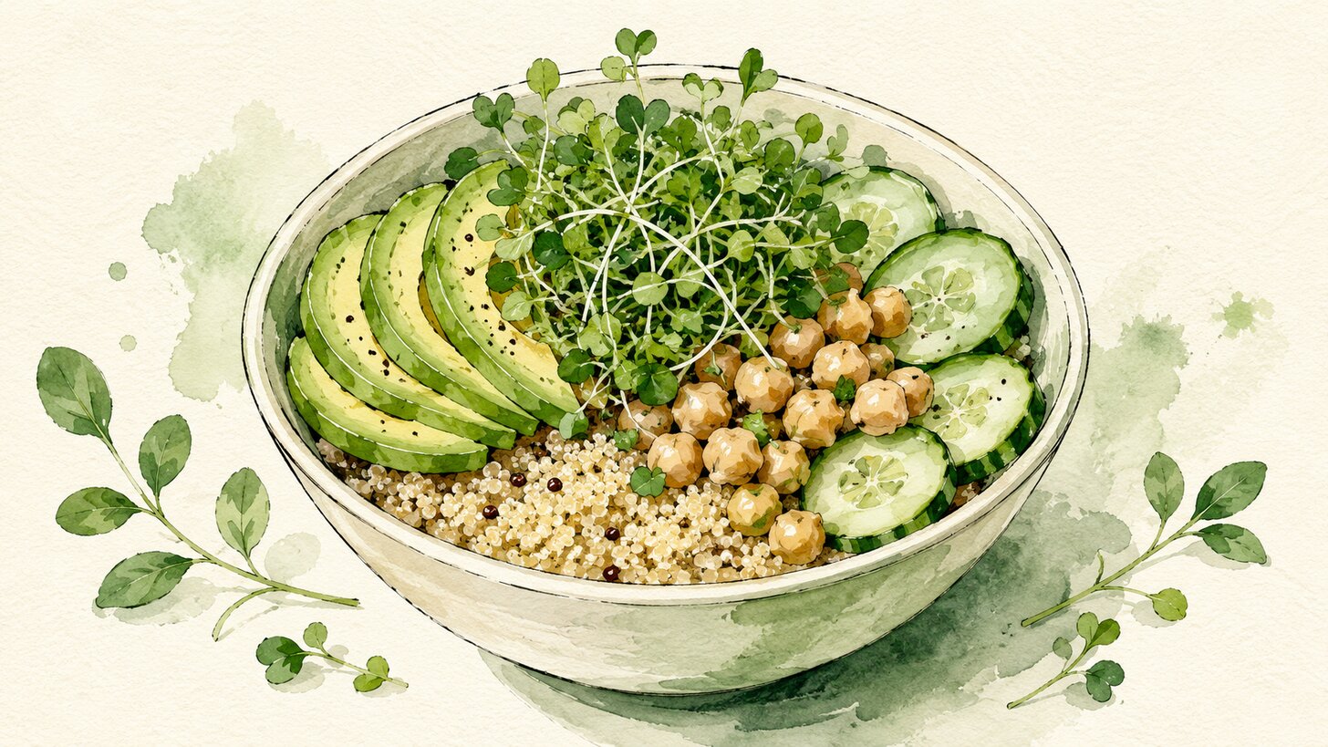 Watercolor quinoa grain bowl topped with microgreens, avocado, and chickpeas