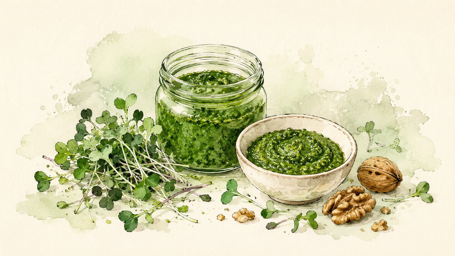 Watercolor jar and bowl of green microgreen pesto with walnuts
