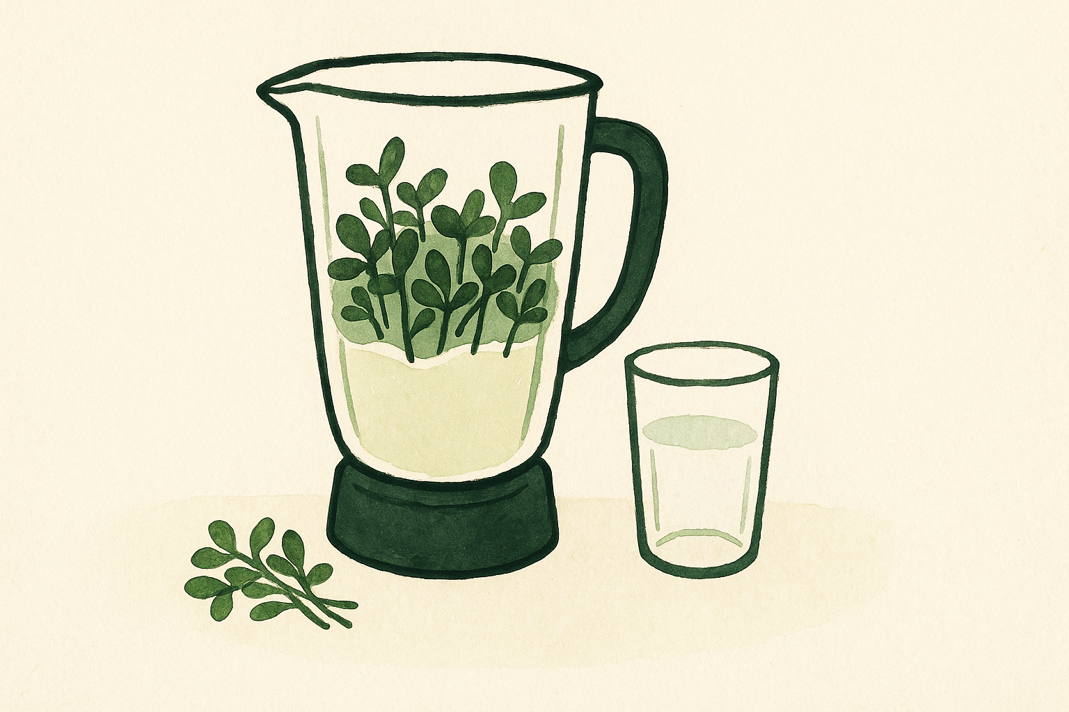 a blender pitcher with fresh green microgreens and liquid, a glass beside it