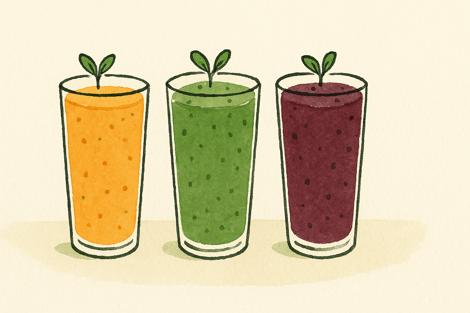 three tall smoothie glasses in orange, green and berry purple topped with microgreens