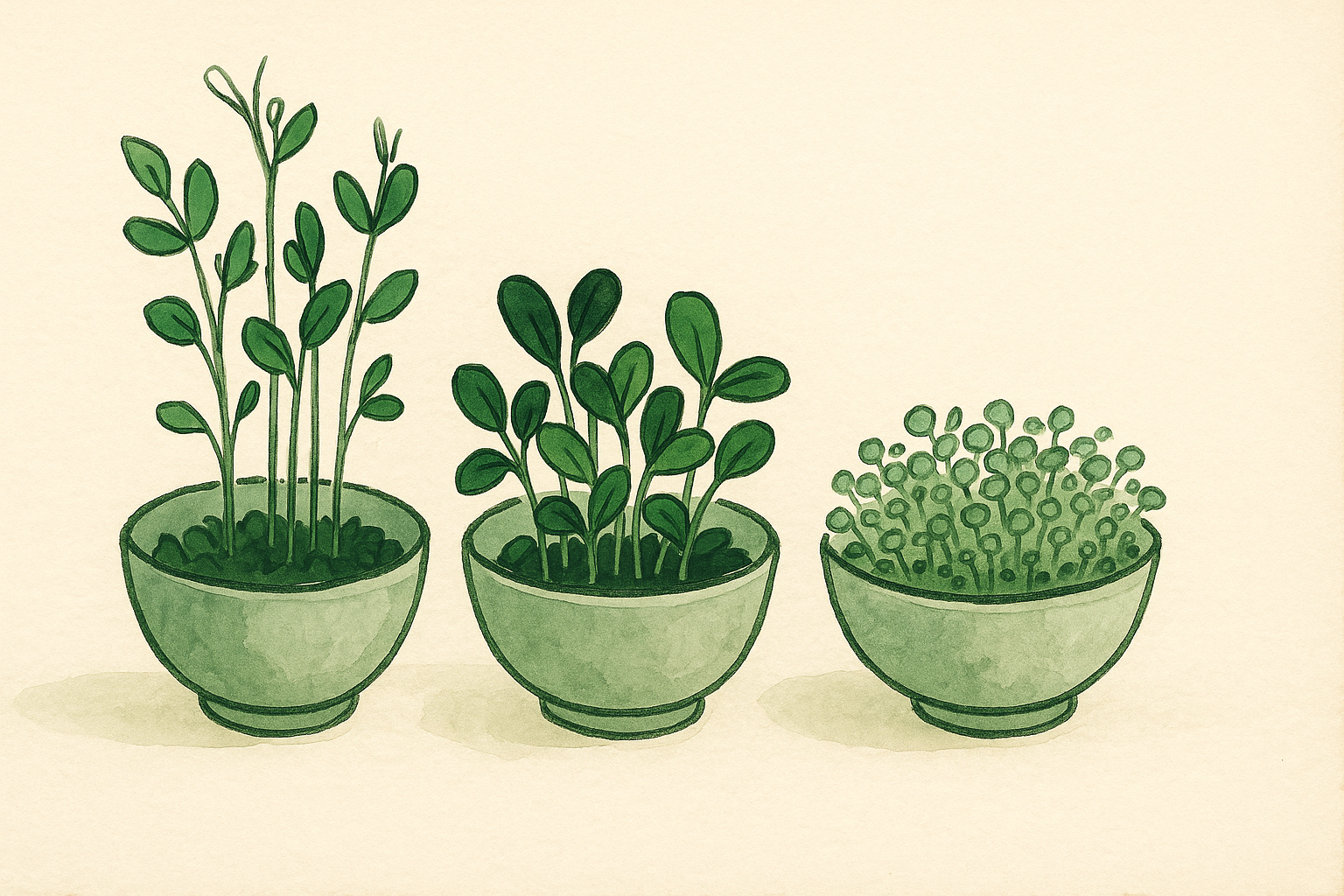 a row of small bowls of pea shoot, sunflower and broccoli microgreens