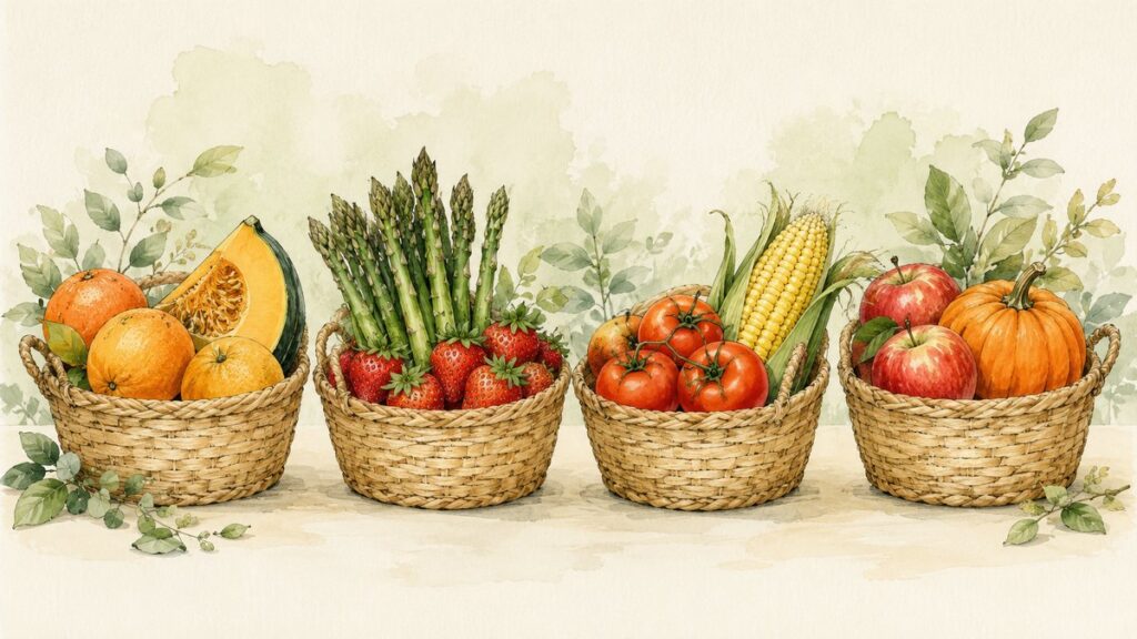 Four woven baskets each holding one season of produce