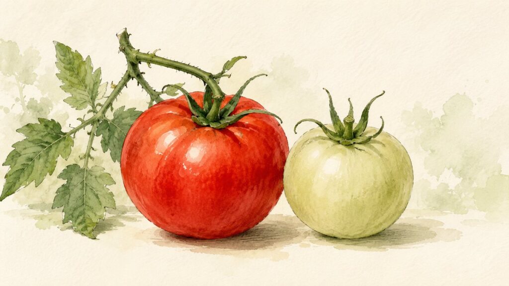 A ripe red tomato on the vine beside a pale underripe tomato