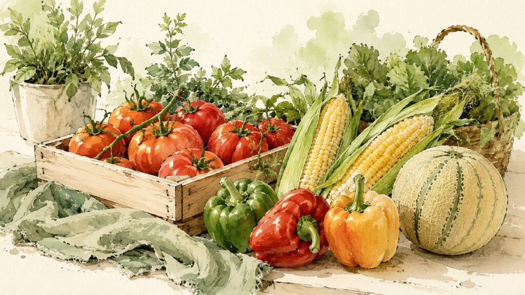 A summer market haul of tomatoes, corn, peppers and a melon