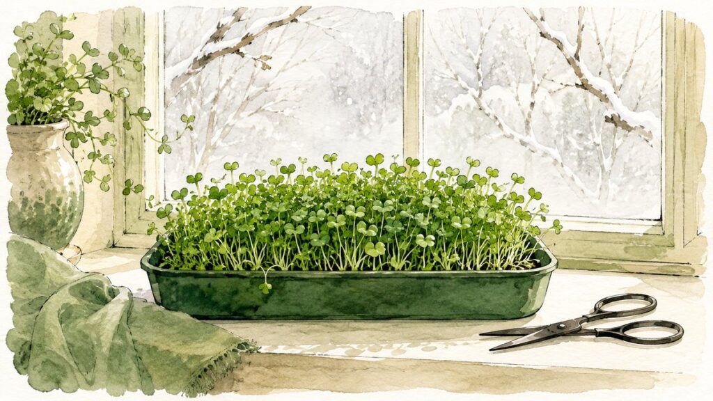 A tray of fresh microgreens on a windowsill with snow outside