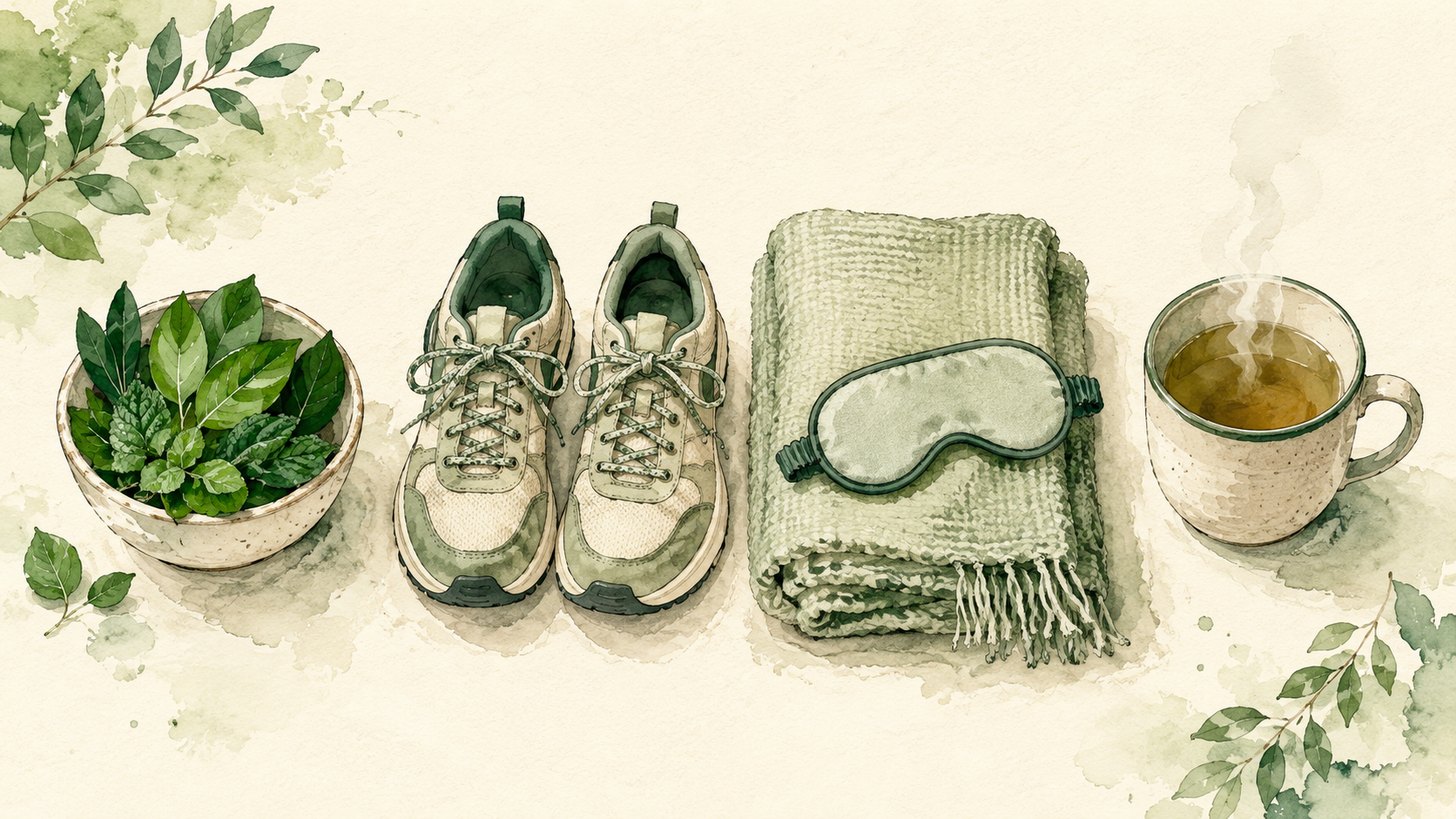 A bowl of greens, walking shoes, a folded blanket with a sleep mask, and a mug of tea in a row