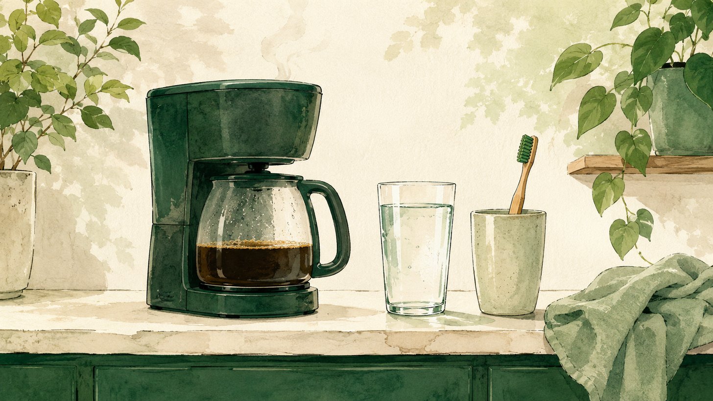 A coffee pot, a glass of water, and a toothbrush in a cup on a kitchen counter