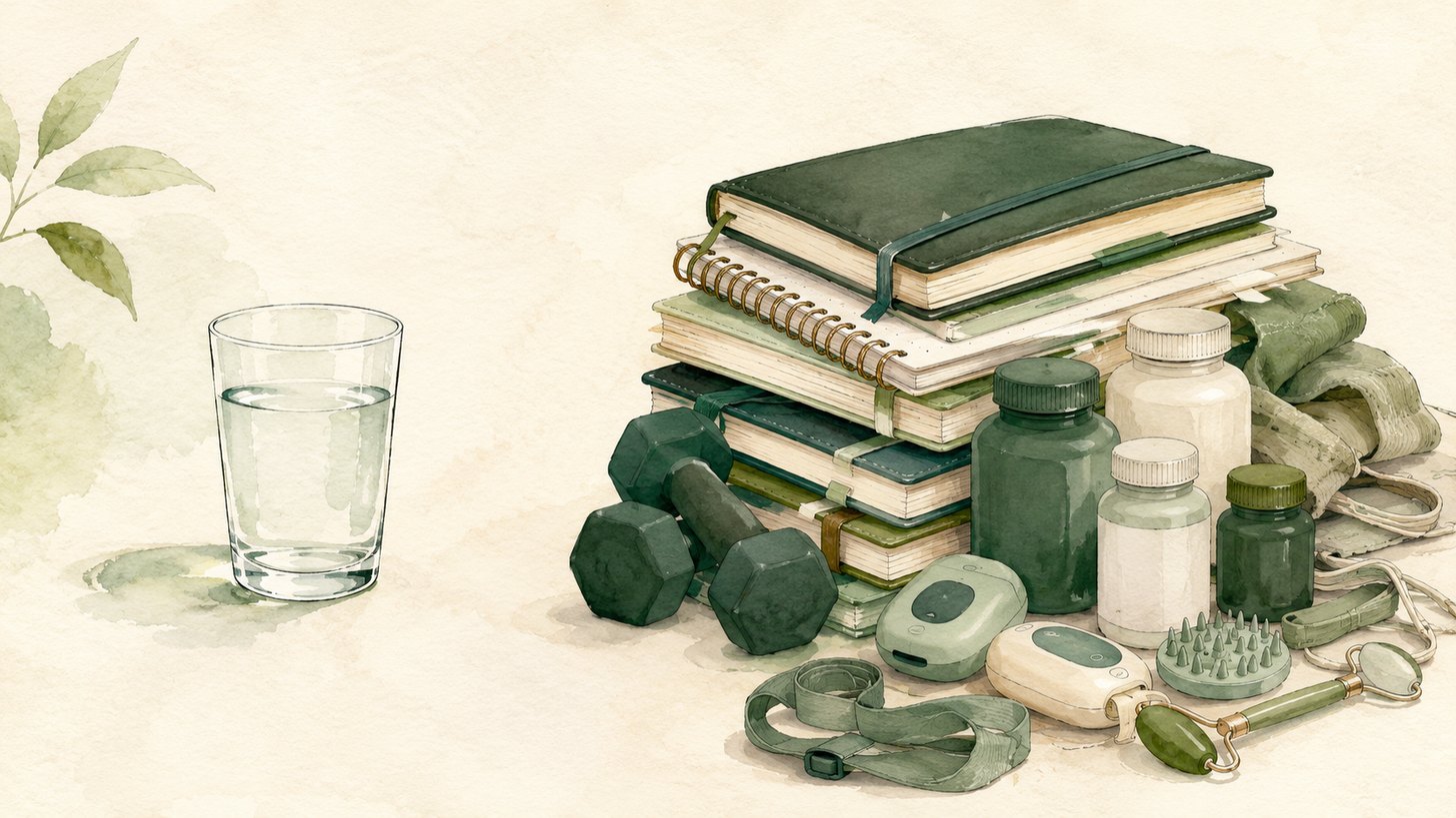 One tidy glass of water beside a cluttered pile of planners, weights, and bottles