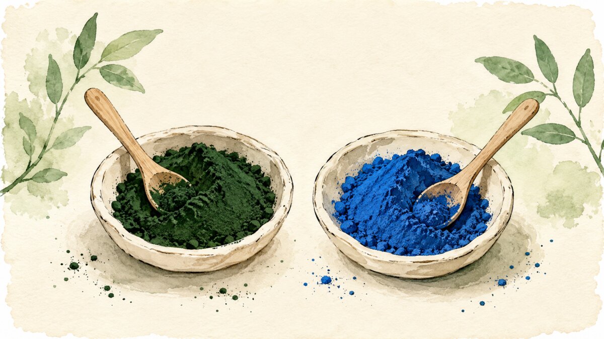 Two small dishes of powder side by side, one deep green spirulina and one bright blue spirulina