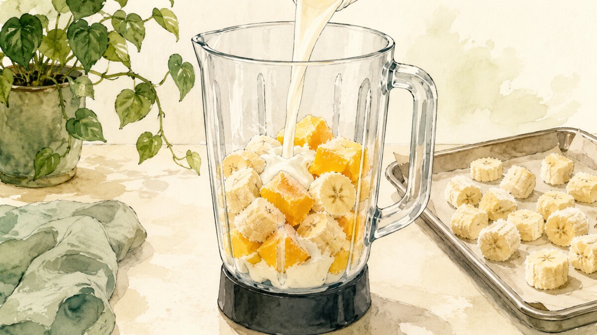 Blender jar of frozen banana and mango with a small splash of milk pouring in