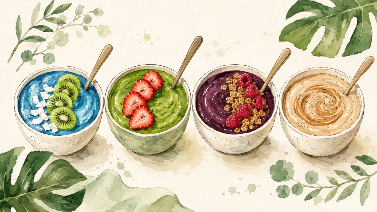 A row of four thick smoothie bowls in blue, green, berry purple and creamy brown