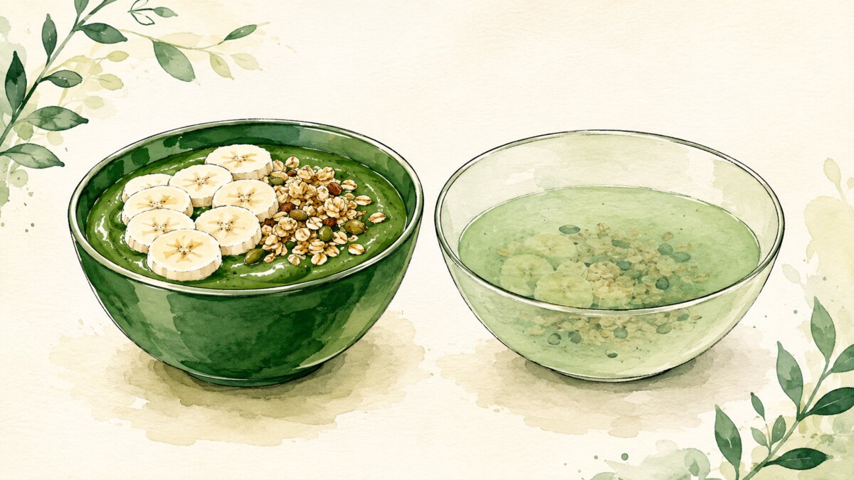 Two bowls compared, one thick with toppings on top and one thin with toppings sinking