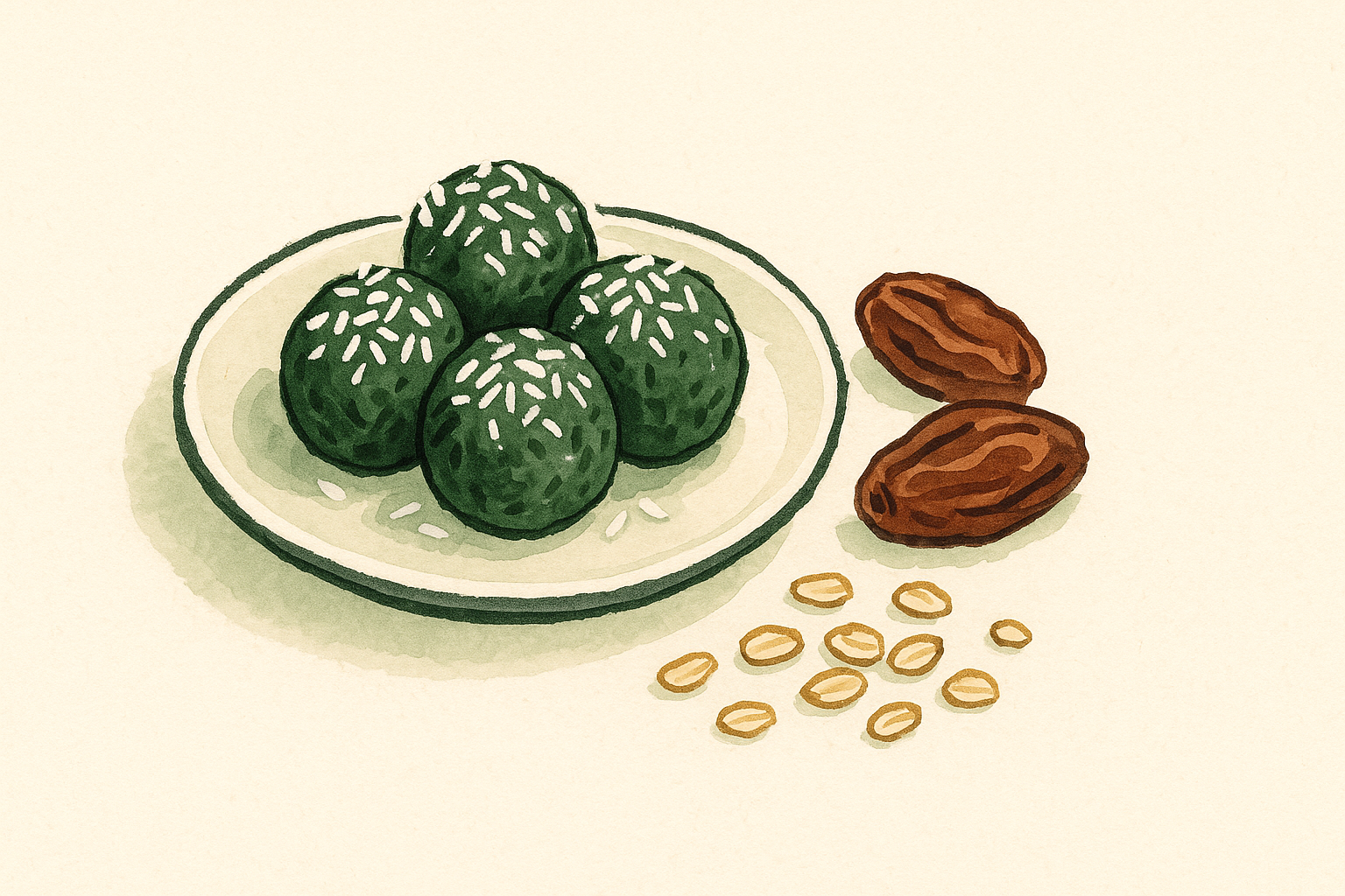 A plate of green spirulina energy balls with dates and oats