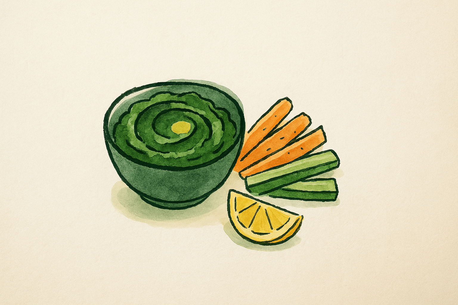 A bowl of green spirulina hummus with veggie sticks
