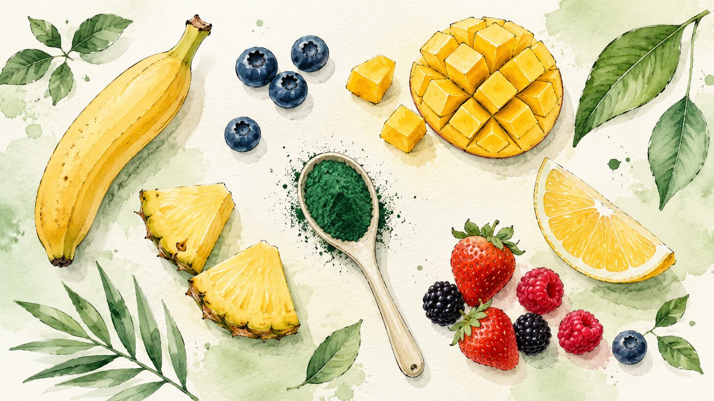 Watercolor flat lay of fruits that pair with spirulina and a spoon of green powder