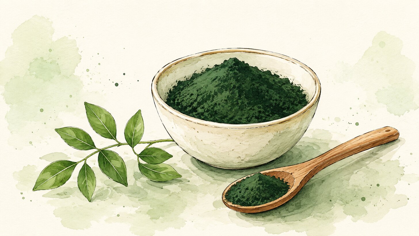 Watercolor bowl and spoon of deep green spirulina powder