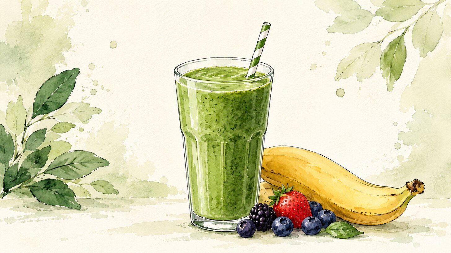 Watercolor tall green spirulina smoothie with a straw, banana, and berries