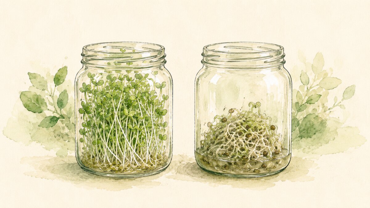Two jars of sprouts, one fresh and upright and one limp from too much water