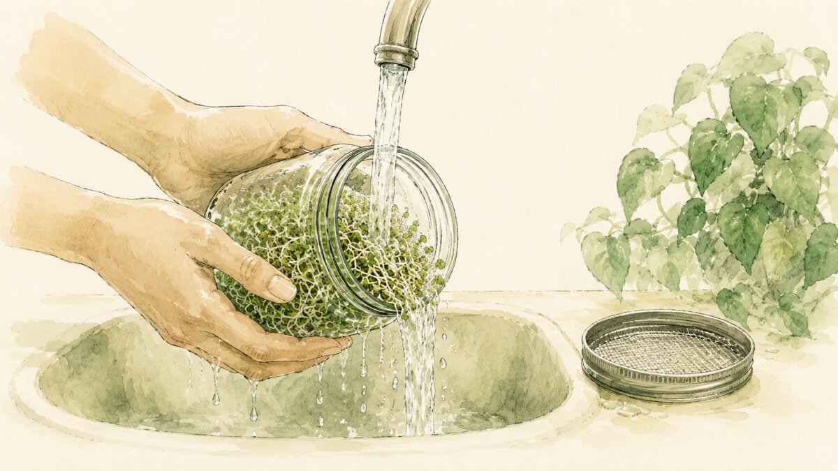 Hands rinsing a jar of green sprouts under running water at a sink