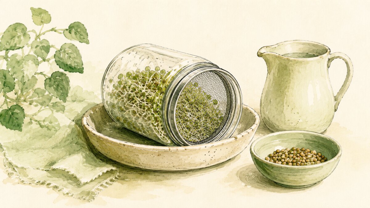 A mason jar with a mesh lid, a bowl of dry seeds, and a jug of water for sprouting