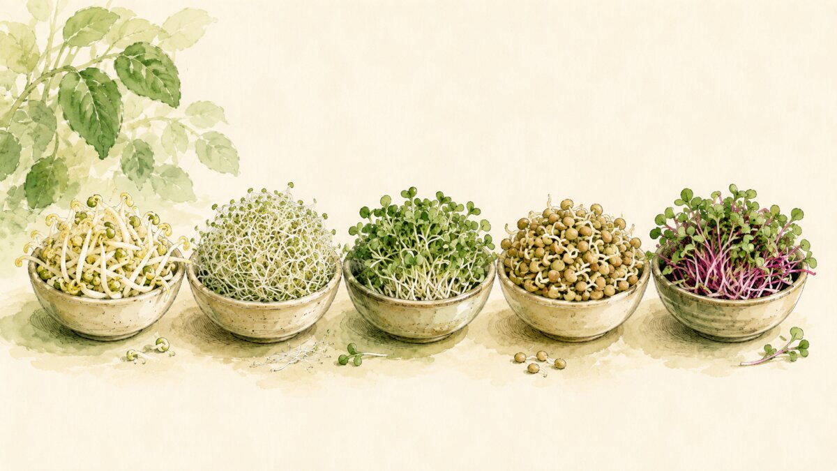 Five bowls of different sprouts including mung bean, alfalfa, broccoli, lentil, and radish