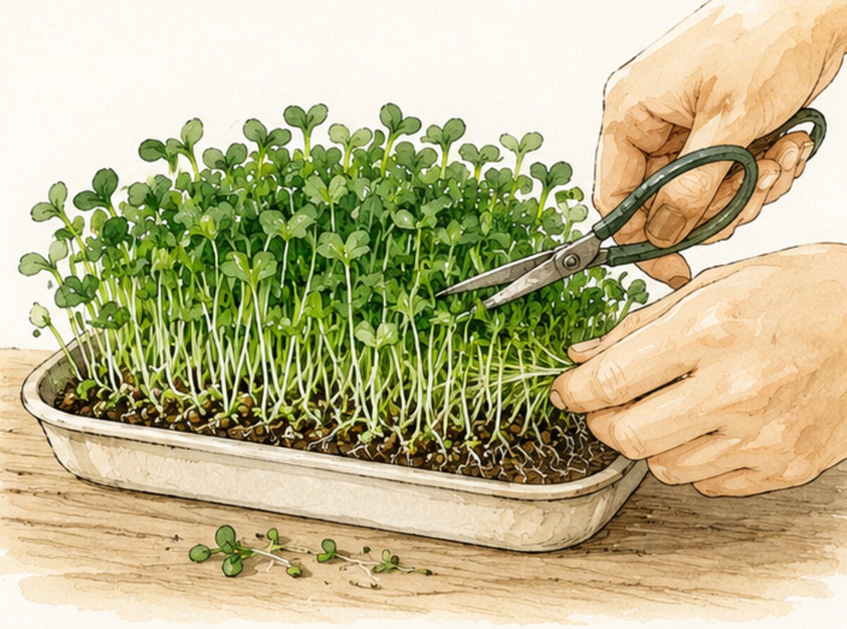 scissors snipping green microgreens above the soil in a tray