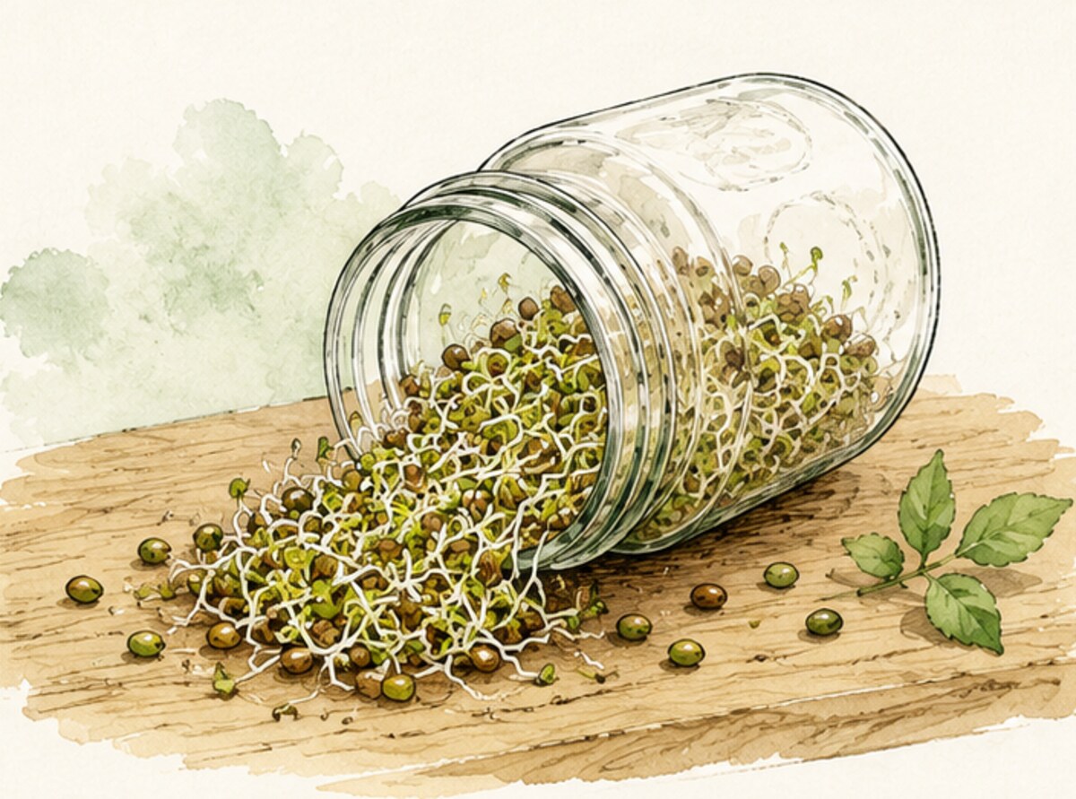 a glass jar of freshly sprouted seeds tipped on a wooden board