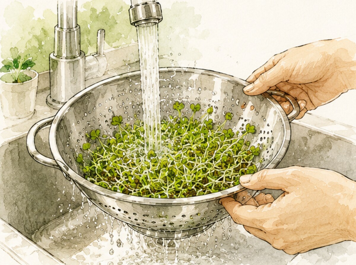 fresh sprouts being rinsed in a colander under running water