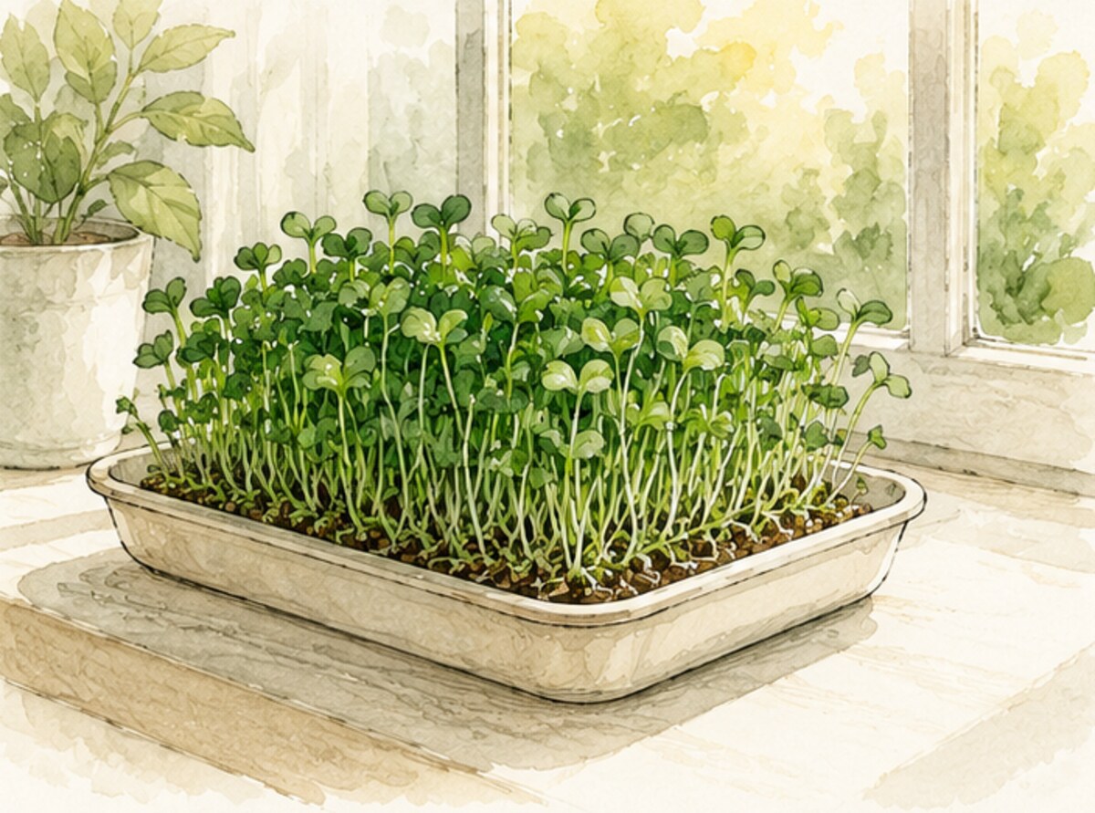 a tray of green microgreens on a sunny windowsill